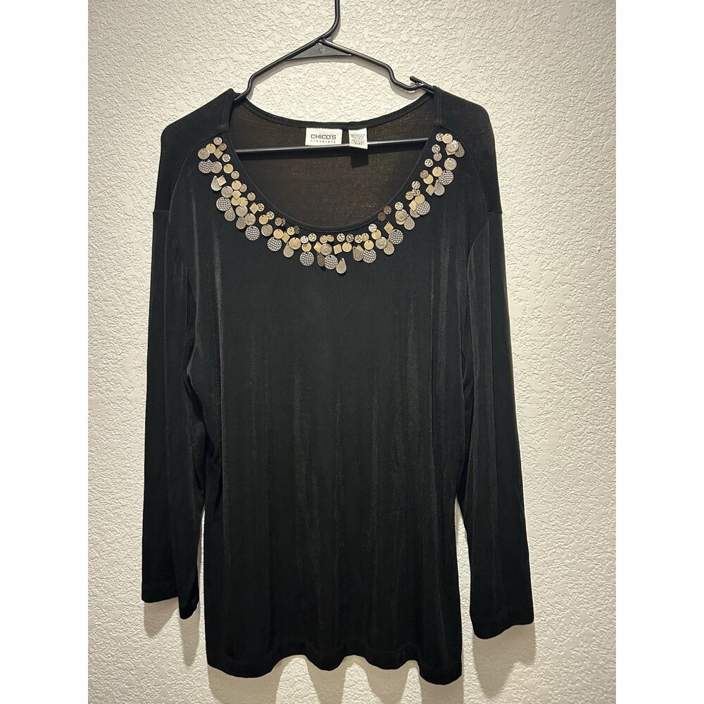 Chicos Travelers Slinky Top Womens 3 XL Black 3/4 Sleeve Metal Accents